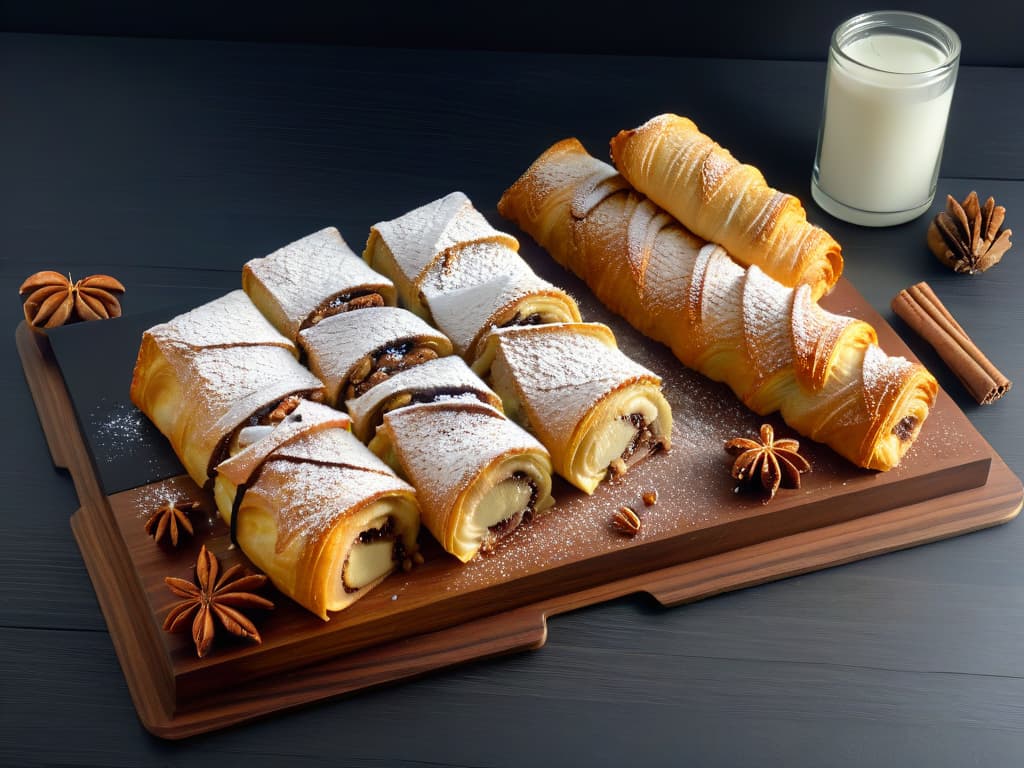  A highresolution, minimalist image showcasing a variety of apple strudel variations on a sleek, modern wooden platter. The assortment includes classic apple strudel with powdered sugar, a decadent chocolatedrizzled version, and a unique twist featuring caramelized pecans. Each pastry is elegantly presented with a dusting of cinnamon, fresh apple slices as garnish, and a subtle drizzle of sauce for visual appeal. The composition is artfully arranged to highlight the different textures and flavors, inviting readers to explore the diverse world of apple strudel variations. hyperrealistic, full body, detailed clothing, highly detailed, cinematic lighting, stunningly beautiful, intricate, sharp focus, f/1. 8, 85mm, (centered image composition), (professionally color graded), ((bright soft diffused light)), volumetric fog, trending on instagram, trending on tumblr, HDR 4K, 8K