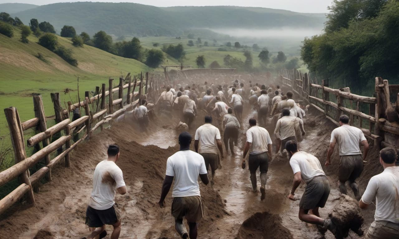  cinematic photo Many people are passing through the Obstacle Course, with hills, mounds, platforms with nails, around grassy fields, mud, wooden walls, in the frame there is a person wearing a white shirt, looking towards the camera with a black face, the obstacles and mud are well captured in the frame, there are no more than 30 people, they are all running, the people should be well drawn. 3. Автор: **vsva** 4. 13 ноября 2022 г. в 10:28 5. Потребуется не менее 1 или 2 строк для перевода. ``` A group of people are going through an Obstacle Course with hills, mounds, platforms with nails, grassy fields, mud, and wooden walls. In the frame, we see a person wearing a white shirt facing the c hyperrealistic, full body, detailed clothing, highly detailed, cinematic lighting, stunningly beautiful, intricate, sharp focus, f/1. 8, 85mm, (centered image composition), (professionally color graded), ((bright soft diffused light)), volumetric fog, trending on instagram, trending on tumblr, HDR 4K, 8K