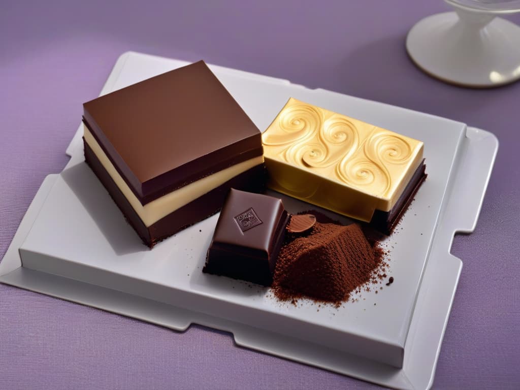  An exquisite closeup image showcasing a square of rich, velvety Belgian chocolate next to a square of smooth, luxurious Swiss chocolate. The Belgian chocolate glistens under a soft spotlight, emphasizing its deep, dark color and intricate swirl pattern, while the Swiss chocolate exudes a glossy sheen, highlighting its flawless, creamy texture. The contrasting textures and shades of these decadent chocolates create a captivating visual representation of the article's comparison between Belgian and Swiss chocolate for pastry recipes. hyperrealistic, full body, detailed clothing, highly detailed, cinematic lighting, stunningly beautiful, intricate, sharp focus, f/1. 8, 85mm, (centered image composition), (professionally color graded), ((bright soft diffused light)), volumetric fog, trending on instagram, trending on tumblr, HDR 4K, 8K