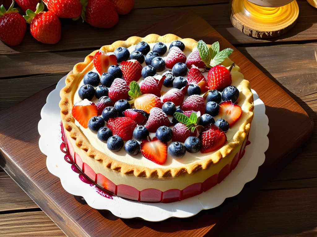  A closeup, photorealistic image of a beautifully decorated and intricately detailed fruit tart with vibrant, fresh berries, glossy glaze, and delicate pastry crust, placed on a rustic wooden table. The tart is surrounded by scattered ingredients like ripe strawberries, blueberries, and mint leaves, with soft natural light illuminating the scene, highlighting the textures and colors of the dessert. The image exudes an air of culinary artistry and healthy indulgence, perfectly complementing the theme of combining baking with wellness during holidays. hyperrealistic, full body, detailed clothing, highly detailed, cinematic lighting, stunningly beautiful, intricate, sharp focus, f/1. 8, 85mm, (centered image composition), (professionally color graded), ((bright soft diffused light)), volumetric fog, trending on instagram, trending on tumblr, HDR 4K, 8K