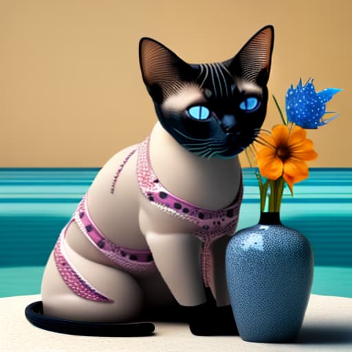  A Siamese 
cat wearing a bathing suit next to a vase