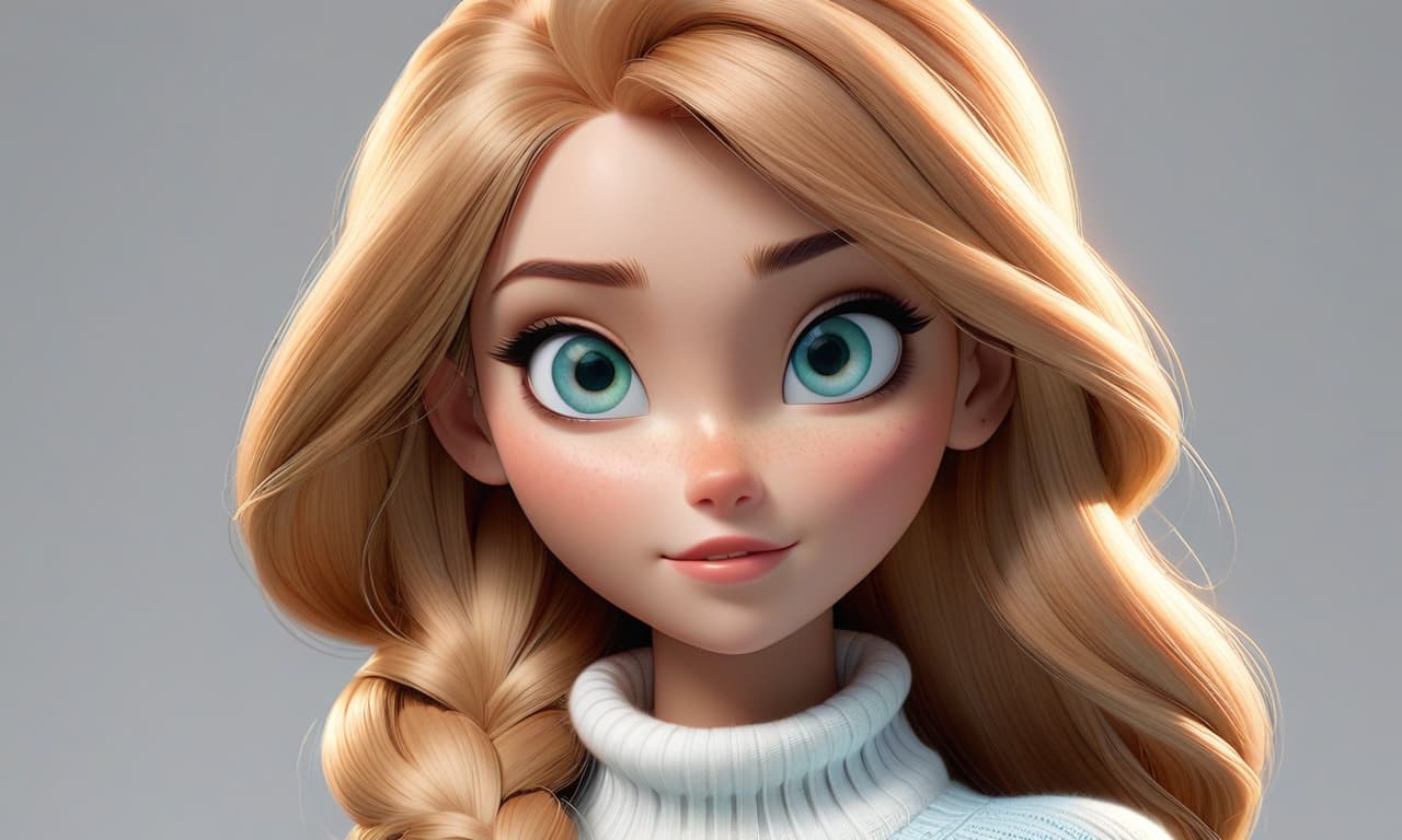  professional 3d model Draw a girl in Pixar style with long hair. She has light hair. She has green blue eyes. She is wearing a white sweater. She says hello. . octane render, highly detailed, volumetric, dramatic lighting hyperrealistic, full body, detailed clothing, highly detailed, cinematic lighting, stunningly beautiful, intricate, sharp focus, f/1. 8, 85mm, (centered image composition), (professionally color graded), ((bright soft diffused light)), volumetric fog, trending on instagram, trending on tumblr, HDR 4K, 8K