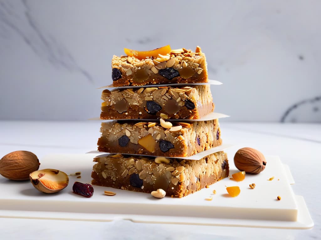  A closeup, ultradetailed image of a perfectly arranged stack of homemade energy bars on a sleek, modern marble countertop. The bars are meticulously crafted, showcasing layers of nuts, seeds, and dried fruits, each ingredient visible and vibrant. The soft natural lighting highlights the texture and colors of the ingredients, emphasizing the healthy and wholesome aspect of the snacks. This minimalistic composition exudes a sense of sophistication and craftsmanship, appealing to the target audience seeking homemade energy bar recipes. hyperrealistic, full body, detailed clothing, highly detailed, cinematic lighting, stunningly beautiful, intricate, sharp focus, f/1. 8, 85mm, (centered image composition), (professionally color graded), ((bright soft diffused light)), volumetric fog, trending on instagram, trending on tumblr, HDR 4K, 8K