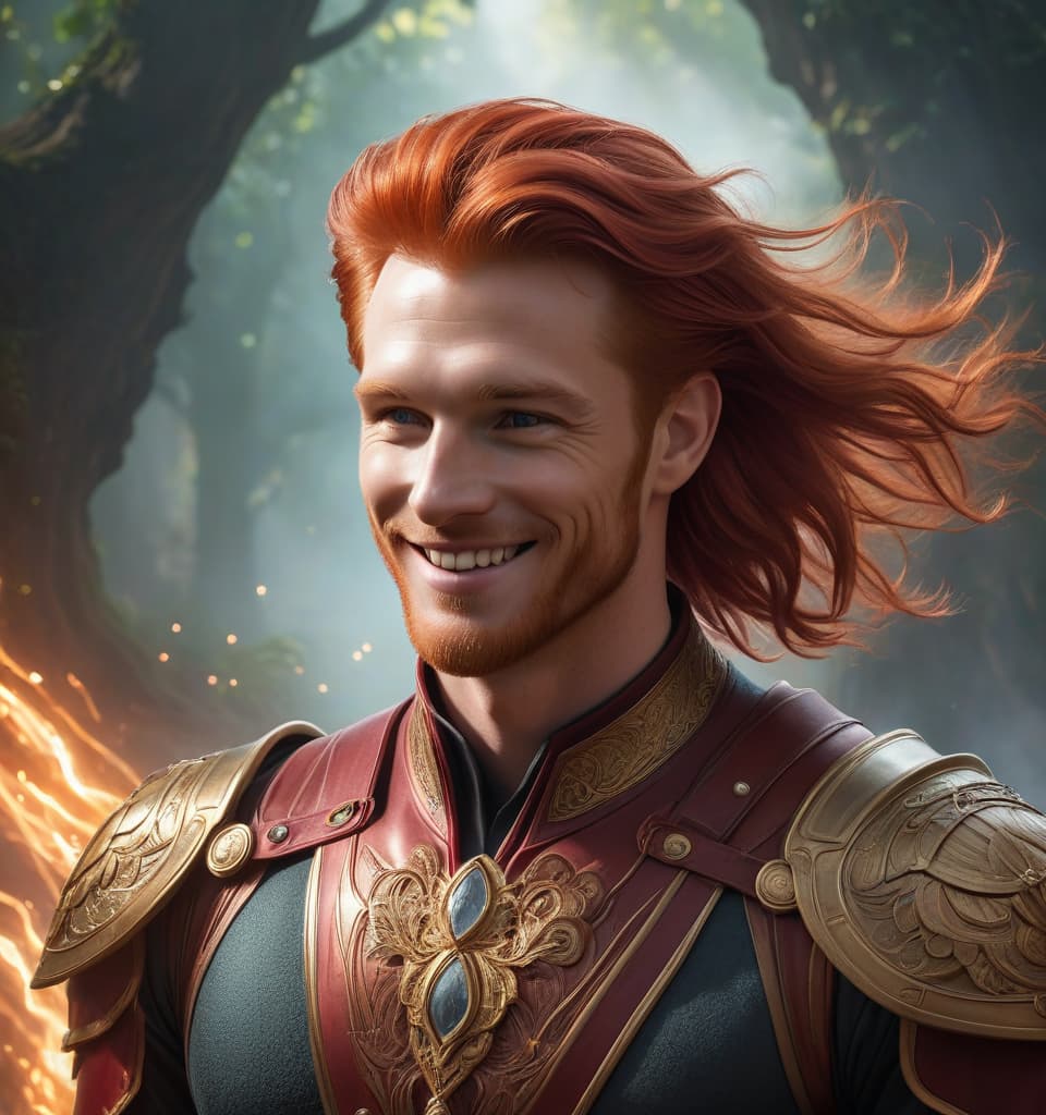  ethereal fantasy concept art of An attractive red haired man smiles. . magnificent, celestial, ethereal, painterly, epic, majestic, magical, fantasy art, cover art, dreamy hyperrealistic, full body, detailed clothing, highly detailed, cinematic lighting, stunningly beautiful, intricate, sharp focus, f/1. 8, 85mm, (centered image composition), (professionally color graded), ((bright soft diffused light)), volumetric fog, trending on instagram, trending on tumblr, HDR 4K, 8K