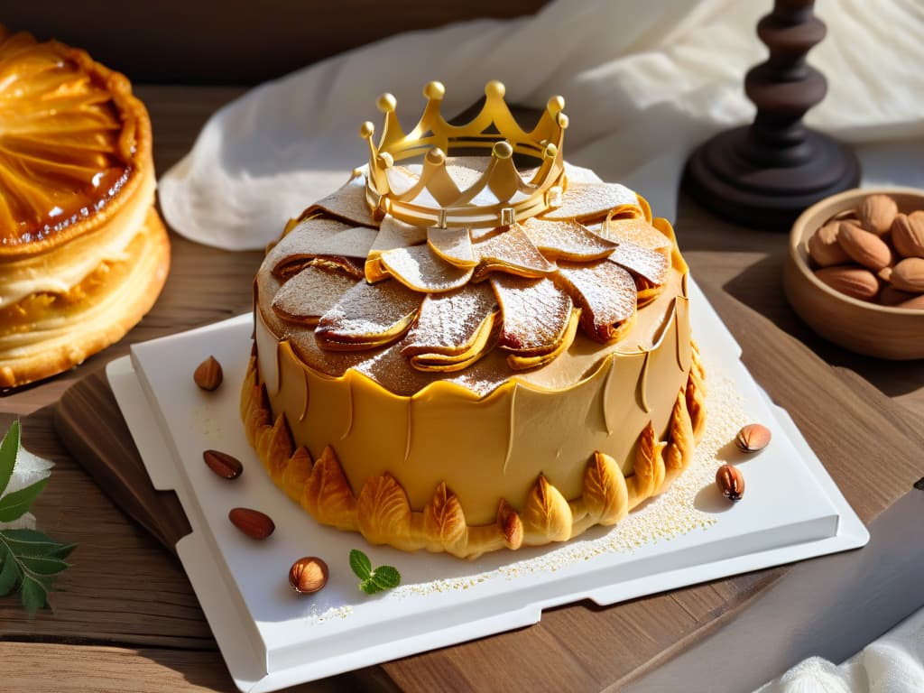  An ultradetailed photorealistic image of a golden, flaky Galette des Rois pastry, adorned with a crown made of intricate puff pastry details, sitting on a rustic wooden table with a scattering of whole almonds and a shimmering gold paper crown next to it. The pastry is delicately scored with a lattice pattern and dusted with powdered sugar, giving it a mouthwatering, irresistible appearance that perfectly captures the essence of this traditional French delicacy. hyperrealistic, full body, detailed clothing, highly detailed, cinematic lighting, stunningly beautiful, intricate, sharp focus, f/1. 8, 85mm, (centered image composition), (professionally color graded), ((bright soft diffused light)), volumetric fog, trending on instagram, trending on tumblr, HDR 4K, 8K