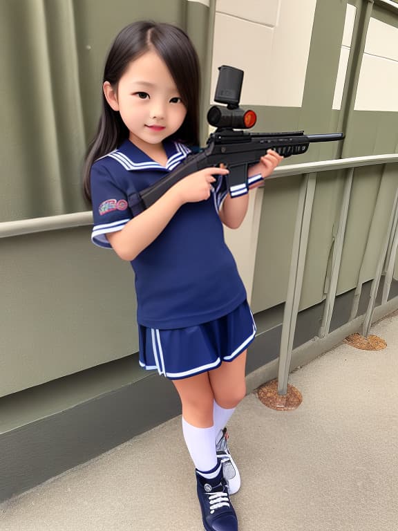 Elementary school student holding a gun, full body, sailor suit, high socks, girl, cute
