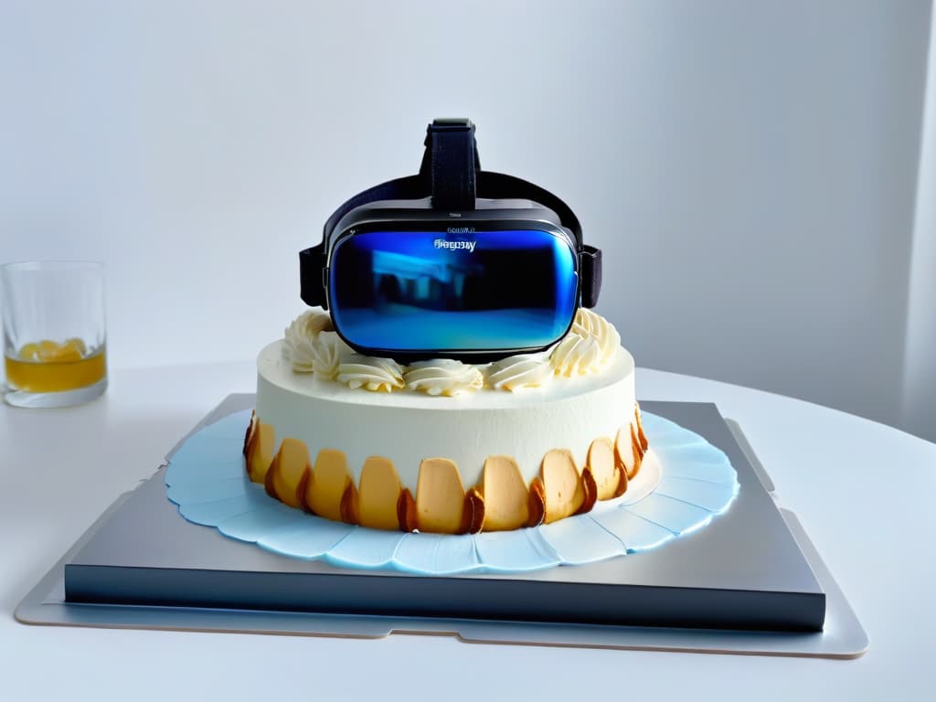  A closeup, ultradetailed image of a virtual reality headset resting on a pristine white countertop, with a holographic display showing intricate and vibrant global dessert trends being explored in a digital kitchen environment. The headset's sleek design is accentuated by soft ambient lighting, casting subtle shadows that highlight its futuristic features. The holographic desserts seem to pop out of the display, showcasing a fusion of traditional and modern pastry techniques from around the world in a visually captivating and minimalist composition. hyperrealistic, full body, detailed clothing, highly detailed, cinematic lighting, stunningly beautiful, intricate, sharp focus, f/1. 8, 85mm, (centered image composition), (professionally color graded), ((bright soft diffused light)), volumetric fog, trending on instagram, trending on tumblr, HDR 4K, 8K