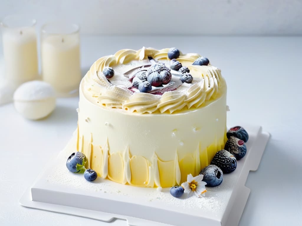  A minimalist yet captivating image of a beautifully decorated cake on a pristine white cake stand, surrounded by fresh berries and delicate edible flowers. The cake is intricately designed with swirls of pastelcolored frosting and topped with a light dusting of powdered sugar, exuding an air of elegance and freshness. The background is softly blurred to keep the focus on the exquisite details of the confection, emphasizing the use of natural preservatives to maintain its freshness. hyperrealistic, full body, detailed clothing, highly detailed, cinematic lighting, stunningly beautiful, intricate, sharp focus, f/1. 8, 85mm, (centered image composition), (professionally color graded), ((bright soft diffused light)), volumetric fog, trending on instagram, trending on tumblr, HDR 4K, 8K