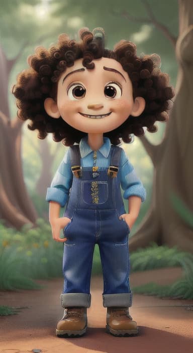  {The tree with a smiling face formed by its bark, looking down at Riley., Riley, a curious with big brown eyes and curly hair, wearing overalls and carrying a small backpack. Their friend, Skye, a bluebird with shiny feathers.