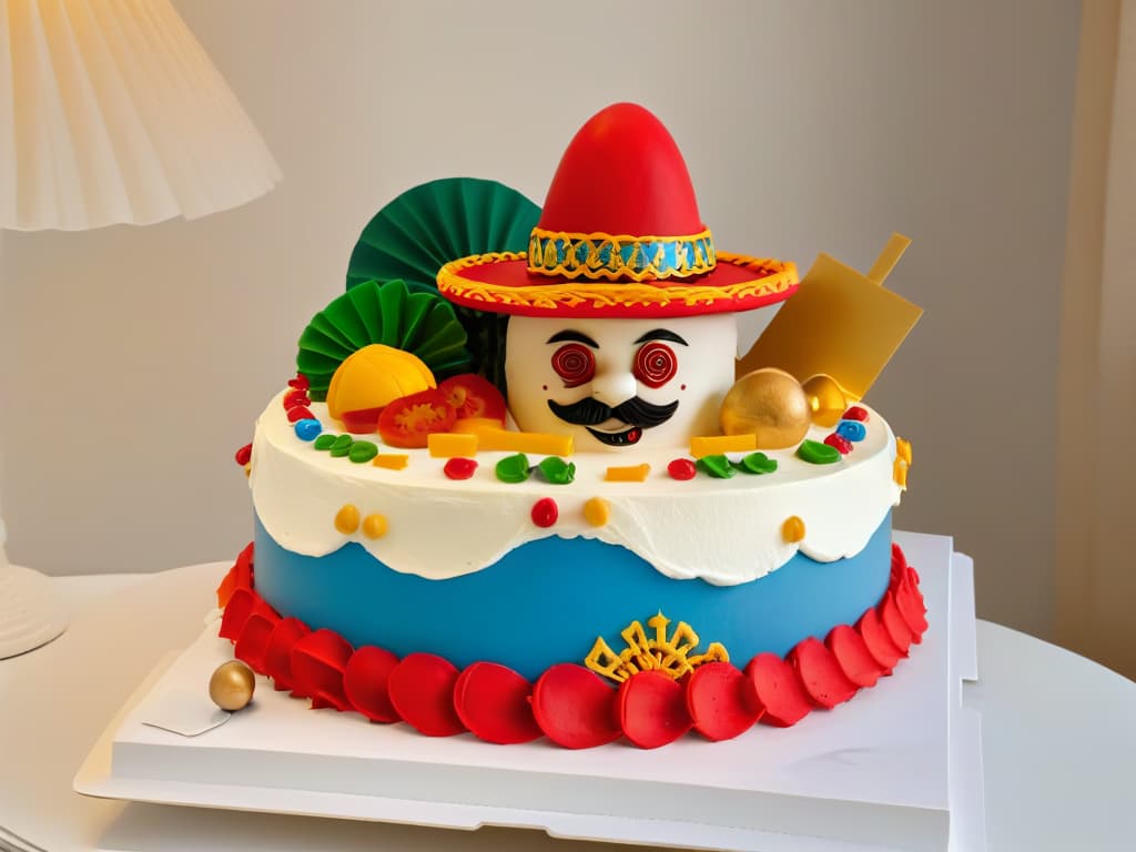  A closeup, ultradetailed image of a beautifully decorated cake with intricate fondant designs representing various cultural symbols such as a Chinese dragon, a Mexican sombrero, an African mask, and a European castle, all harmoniously integrated into the dessert. The cake is displayed on a simple, elegant white cake stand against a clean, white background, emphasizing the vibrant colors and meticulous craftsmanship of the decorations. hyperrealistic, full body, detailed clothing, highly detailed, cinematic lighting, stunningly beautiful, intricate, sharp focus, f/1. 8, 85mm, (centered image composition), (professionally color graded), ((bright soft diffused light)), volumetric fog, trending on instagram, trending on tumblr, HDR 4K, 8K