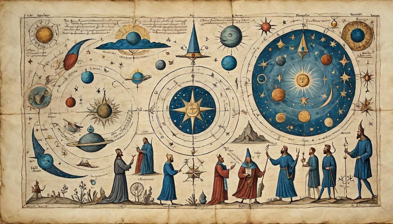  on parchment, surrealism+++, A wise teacher surrounded by celestial students, cosmic symbols surrounding, figure depicted as one with universe, guiding presence(mysterious, provocative, symbolic,muted color)+++