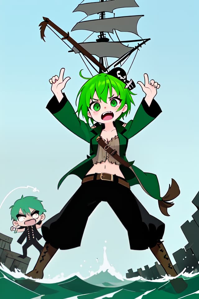  Pirate hunting of green hair characters, eerie shouting