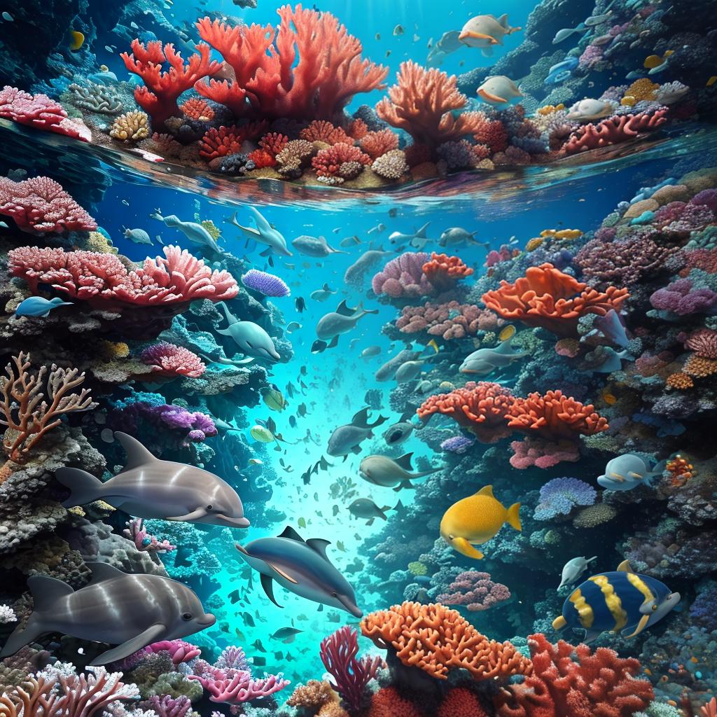  masterpiece, best quality, beautiful deep sea full of corals, diverse marine life and fascinating underwater landscapes with corals, appendages, small fish, anemones, dolphins, various algae, caves, colorful, 8k resolution and intricate detail