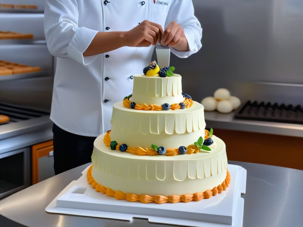  A photorealistic image of a professional pastry chef meticulously piping intricate designs on a beautifully decorated multilayered cake in a modern, wellequipped bakery kitchen. The chef is focused and precise, showcasing expert time management skills as they work with precision and artistry. The kitchen is filled with an array of highquality baking tools and ingredients, adding to the inspiring and professional atmosphere of the scene. The image captures a moment of creativity and skill in the art of pastry making, perfect for the informative article on time management in baking. hyperrealistic, full body, detailed clothing, highly detailed, cinematic lighting, stunningly beautiful, intricate, sharp focus, f/1. 8, 85mm, (centered image composition), (professionally color graded), ((bright soft diffused light)), volumetric fog, trending on instagram, trending on tumblr, HDR 4K, 8K