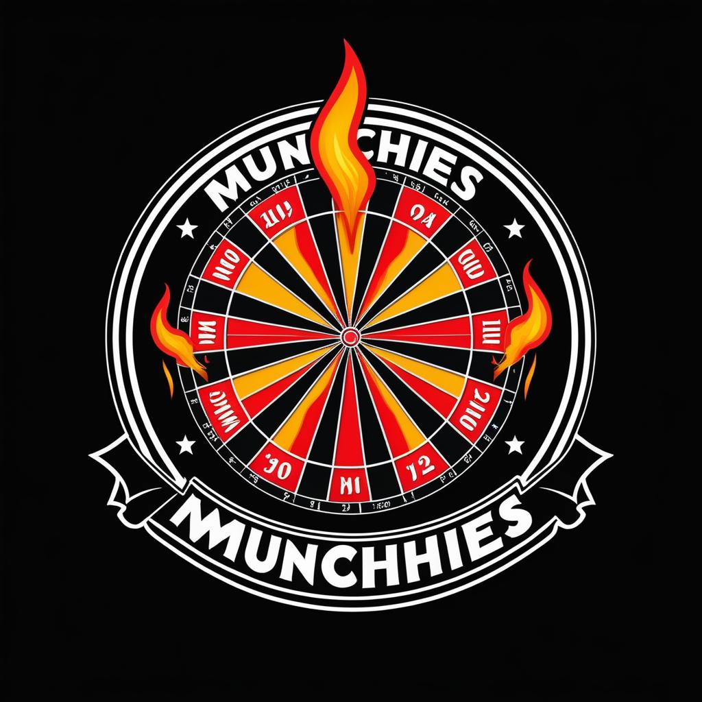  Logo, Custom sticker design on an isolated black background with the words “Munchies” in bold font decorated by Darts and a flaming  Dartboard