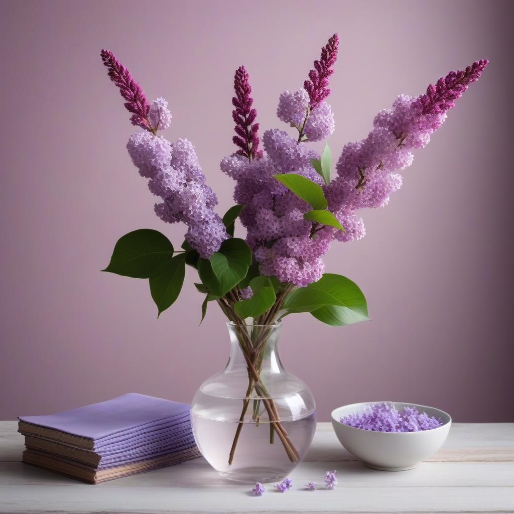  Vase on the table and in it branches with lilac 5 pcs.