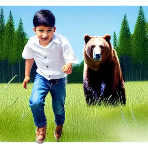  (best quality:1.5),(realistic:1.0), 1boy, white shirt, blue jeans, a bear chasing, green grass