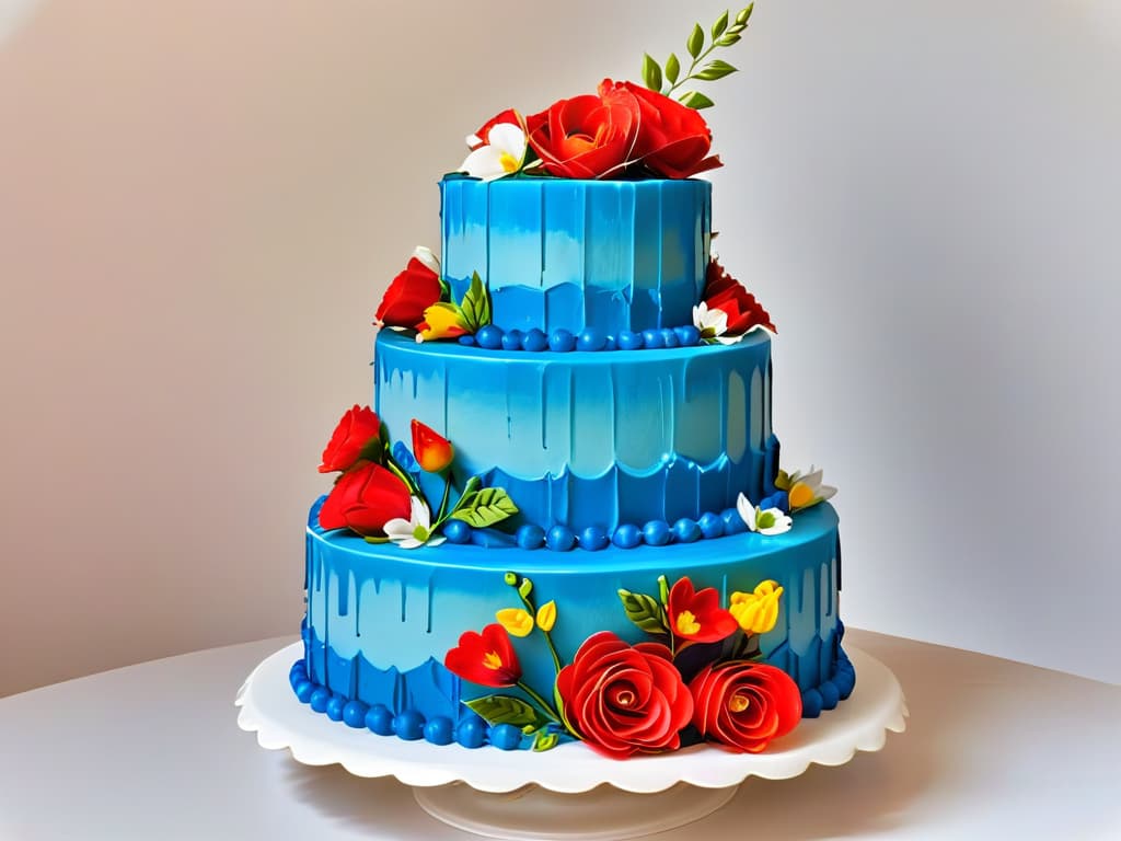  A closeup, photorealistic image of a beautifully decorated tiered cake, showcasing intricate piping work, delicate fondant details, and vibrant edible flowers cascading down the sides. The cake is displayed on a crisp white pedestal stand, set against a softfocus background to enhance the intricate details and vibrant colors of the confectionary masterpiece. hyperrealistic, full body, detailed clothing, highly detailed, cinematic lighting, stunningly beautiful, intricate, sharp focus, f/1. 8, 85mm, (centered image composition), (professionally color graded), ((bright soft diffused light)), volumetric fog, trending on instagram, trending on tumblr, HDR 4K, 8K