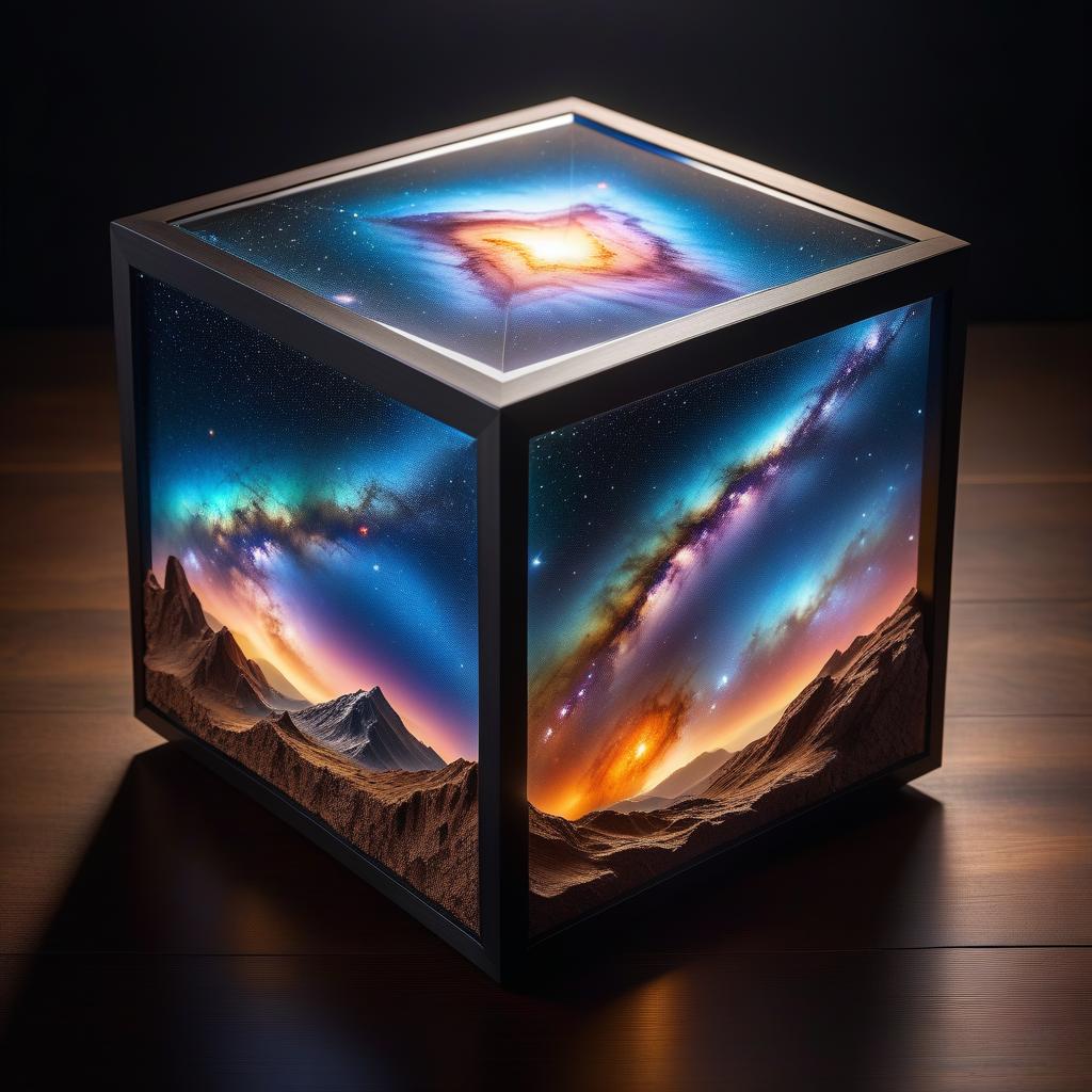  Hyperrealistic art, tesseract cube made of epoxy resin with space inside: galaxies, stars, nebulas, luminous comets (stardust: 1.3), (milky way: 1.3). extremely high resolution details, creative lighting enhancing the celestial atmosphere, micro world, surrealism, best quality, HD hyperrealistic, full body, detailed clothing, highly detailed, cinematic lighting, stunningly beautiful, intricate, sharp focus, f/1. 8, 85mm, (centered image composition), (professionally color graded), ((bright soft diffused light)), volumetric fog, trending on instagram, trending on tumblr, HDR 4K, 8K