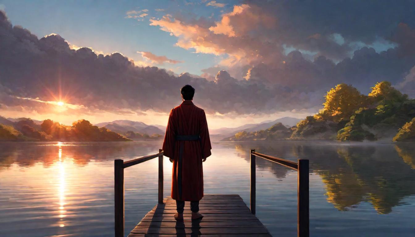  digital illustration, 1person, dressed in simple robes, standing on a bridge over still water, reflection of the person in the water, warm sun setting in the background, soft glowing light, atmosphere of acceptance, peace, mitigating self criticism, looking at viewer, dynamic pose, (intricate details, masterpiece, best quality)