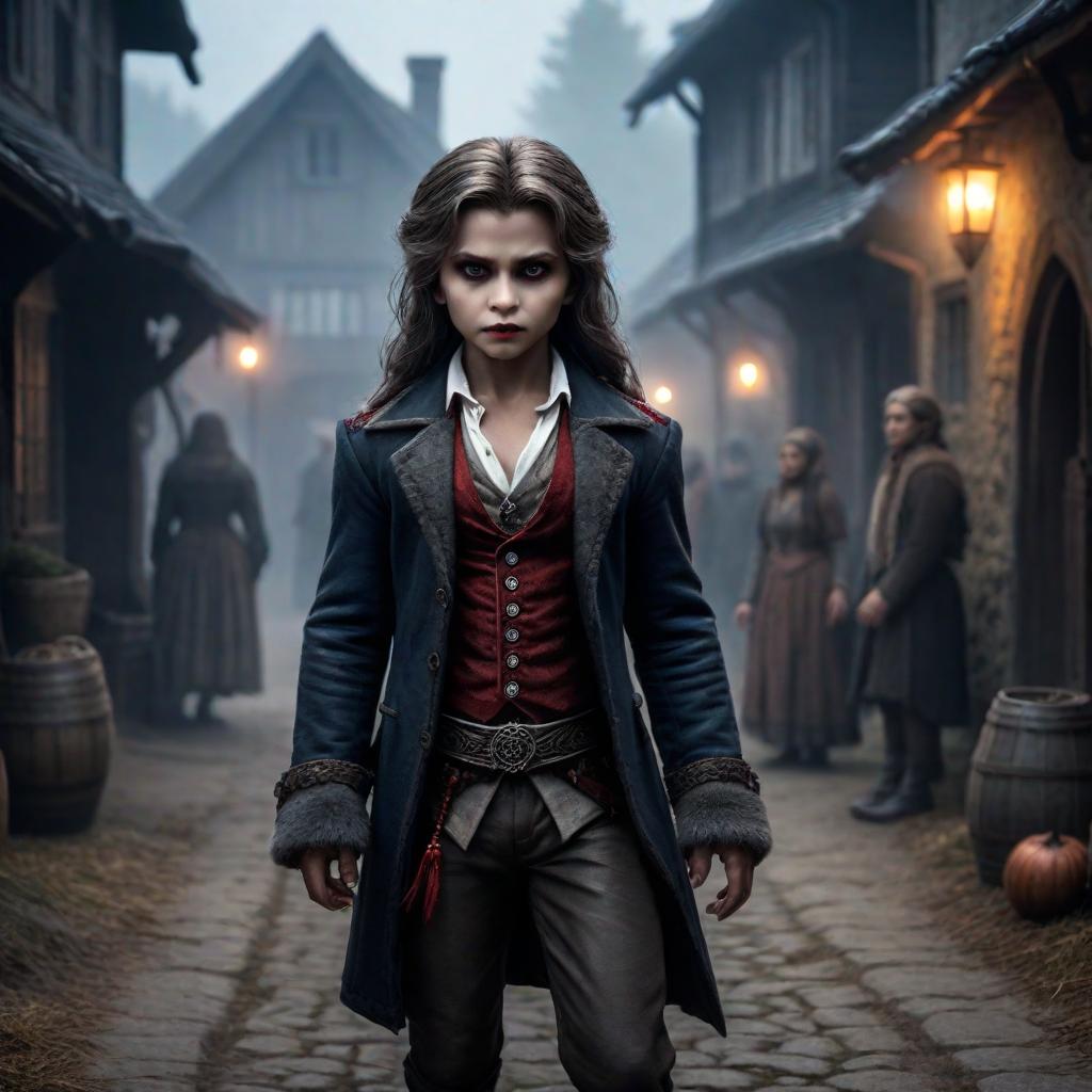  village vampire child hyperrealistic, full body, detailed clothing, highly detailed, cinematic lighting, stunningly beautiful, intricate, sharp focus, f/1. 8, 85mm, (centered image composition), (professionally color graded), ((bright soft diffused light)), volumetric fog, trending on instagram, trending on tumblr, HDR 4K, 8K