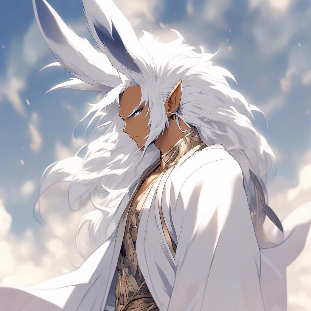  concept art Design of a full grown man (((with ears like a rabbit)))), (((conceptual design)))), tall, tanned, (rabbit ears), long white hair, ((white background)), detailed high quality anime style. . digital artwork, illustrative, painterly, matte painting, highly detailed hyperrealistic, full body, detailed clothing, highly detailed, cinematic lighting, stunningly beautiful, intricate, sharp focus, f/1. 8, 85mm, (centered image composition), (professionally color graded), ((bright soft diffused light)), volumetric fog, trending on instagram, trending on tumblr, HDR 4K, 8K