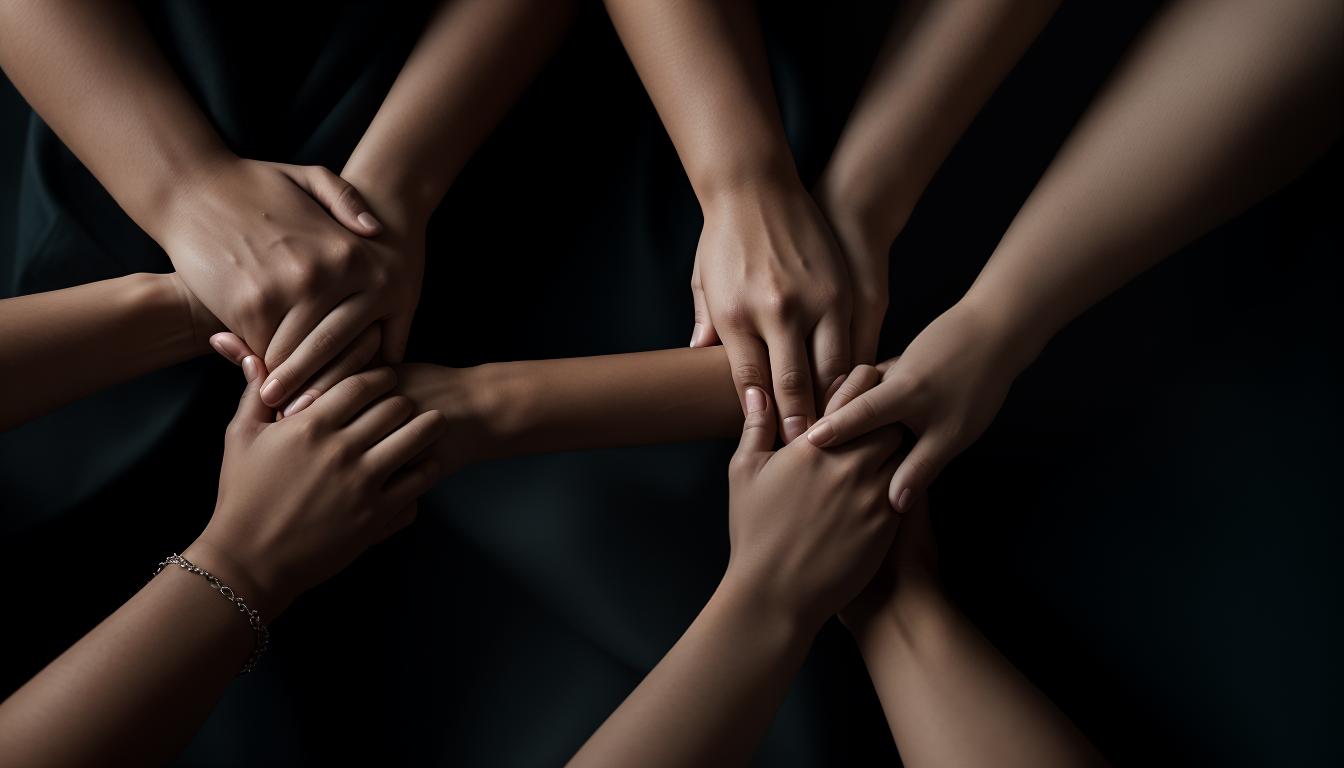  cinematic, aesthetic, Lifeline of intertwined hands, grasping, supporting one another, delicate patterns on skin, cascading chains of hands, emphasizing support, gentle strength, communal, 4k, HDR, lens flare