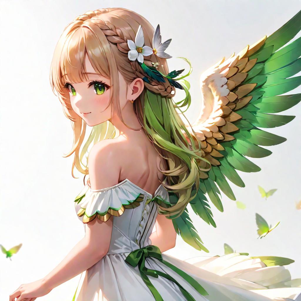  by dsmile9, best quality, masterpiece, aesthetic, 1girl, solo, hair ornament, flower, braid, dress, hair flower, long hair, wings, looking at viewer, hair over shoulder, bare shoulders, bangs, white dress, upper body, blush, off shoulder, hand up, white background, green wings,  lighting and shadow hyperrealistic, full body, detailed clothing, highly detailed, cinematic lighting, stunningly beautiful, intricate, sharp focus, f/1. 8, 85mm, (centered image composition), (professionally color graded), ((bright soft diffused light)), volumetric fog, trending on instagram, trending on tumblr, HDR 4K, 8K