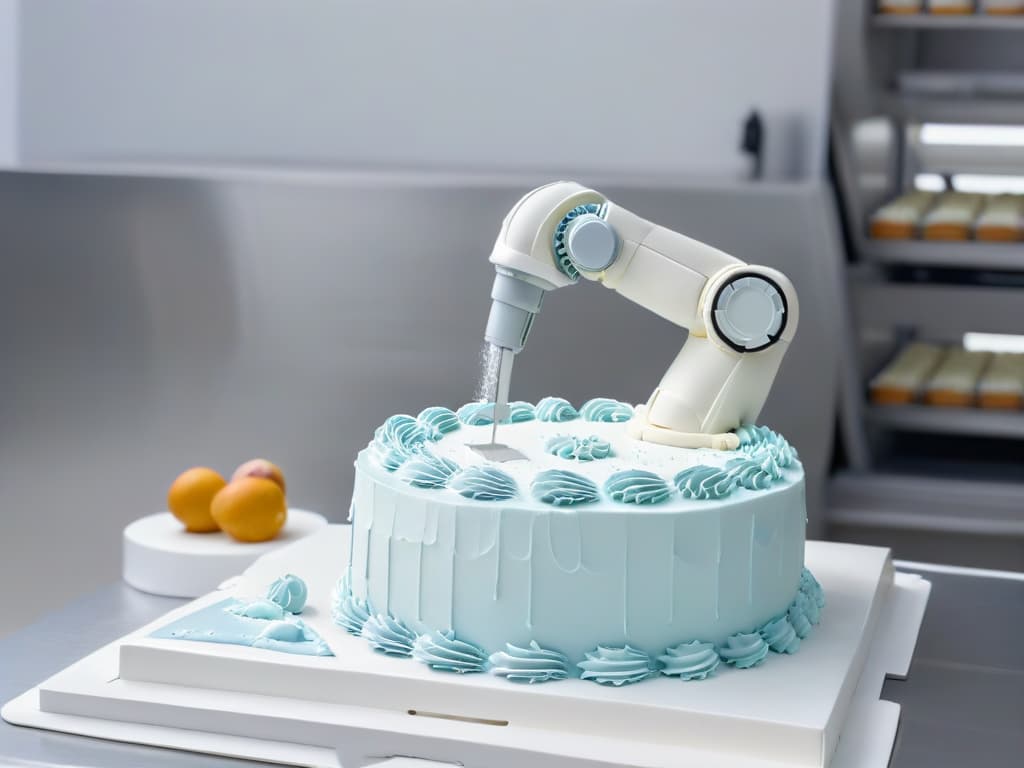  A sleek, minimalistic image showcasing a pristine white robotic arm delicately icing a perfectly crafted cake in a modern bakery setting. The focus is on the intricate details of the robotic arm's movements, capturing the precision and advanced technology involved in integrating robotics into the art of pastry making. The scene exudes a sense of professionalism and innovation, inspiring readers to consider the benefits of robotic technology in their baking businesses. hyperrealistic, full body, detailed clothing, highly detailed, cinematic lighting, stunningly beautiful, intricate, sharp focus, f/1. 8, 85mm, (centered image composition), (professionally color graded), ((bright soft diffused light)), volumetric fog, trending on instagram, trending on tumblr, HDR 4K, 8K