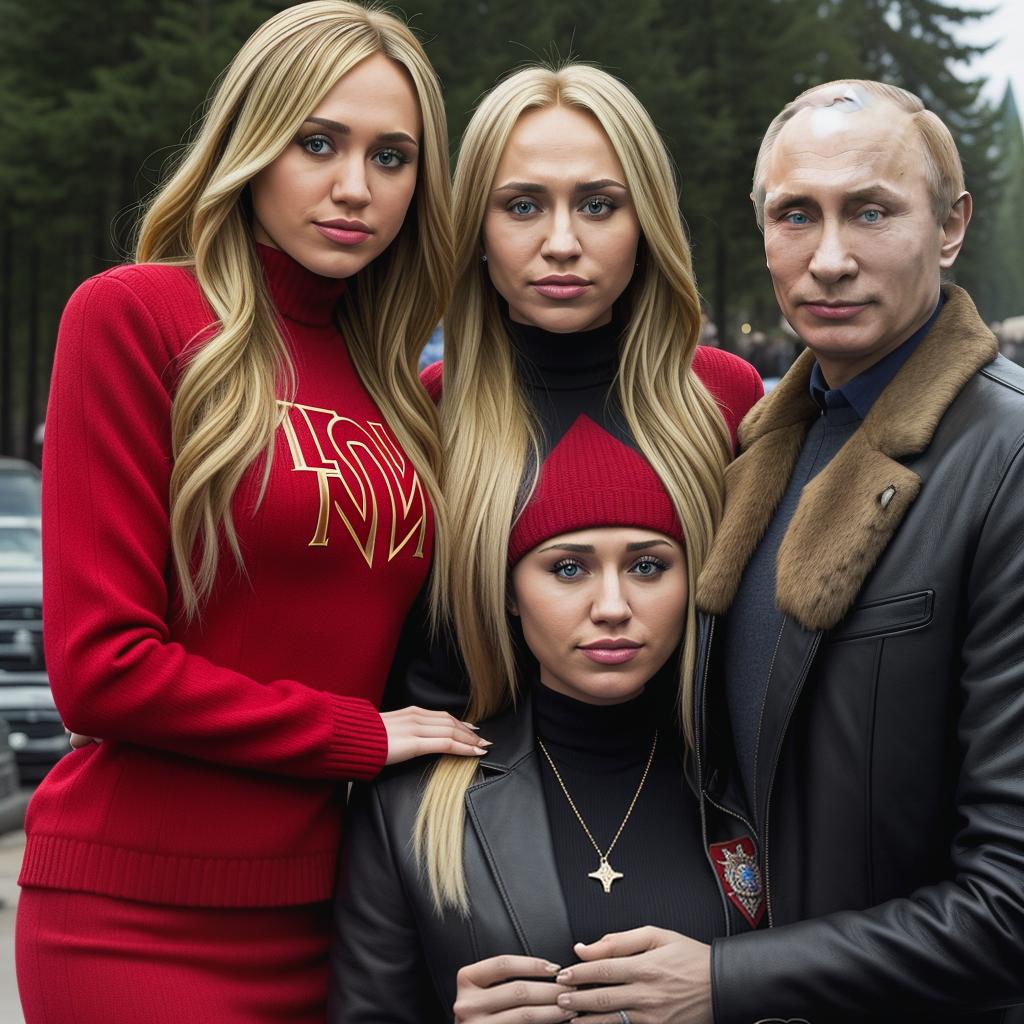  Hannah Montana from the Disney channel acting as a Russian double agent hanging out with Vladimir Putin in a casual setting as friends , high quality, high details, HD, perfect composition, 4k epic detailed, highly detailed, sharp focus, high resolution