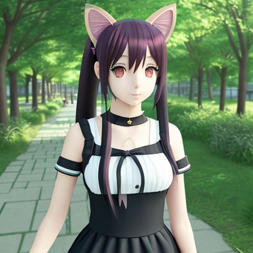  an anime girl with cat ears cat tail cat eyes walking into a realistic world