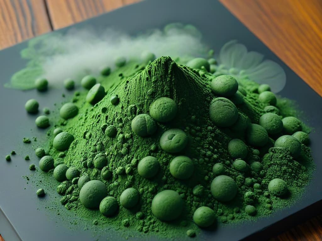  A closeup, ultradetailed image of vibrant green spirulina powder sprinkled evenly on a dark, matte surface. The powder forms a delicate, swirling pattern, showcasing its rich color and fine texture. Light softly illuminates the powder, creating subtle shadows and highlights that enhance its visual appeal. hyperrealistic, full body, detailed clothing, highly detailed, cinematic lighting, stunningly beautiful, intricate, sharp focus, f/1. 8, 85mm, (centered image composition), (professionally color graded), ((bright soft diffused light)), volumetric fog, trending on instagram, trending on tumblr, HDR 4K, 8K