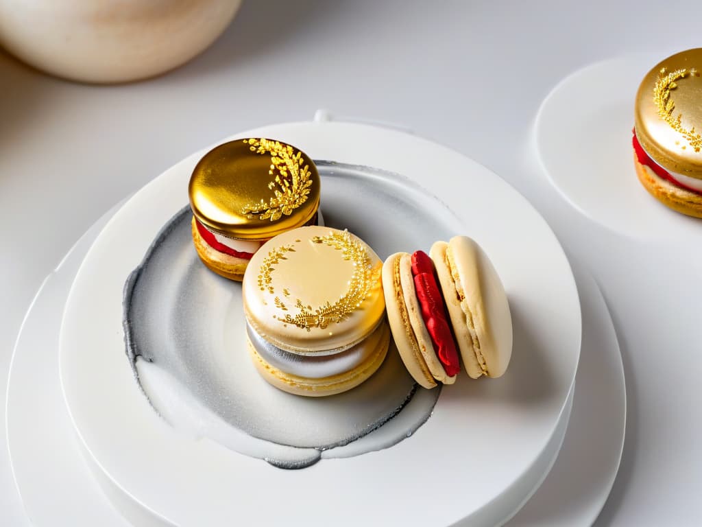  A closeup, ultrahigh resolution image of a delicate macaron with a flawless, glossy finish adorned with intricate brush strokes of edible gold and silver paint. The image showcases the precision and artistry involved in decorating desserts with edible paint, highlighting the shimmer and elegance of the metallic tones against the pastelcolored macaron shell. The minimalist composition draws the viewer's eye to the exquisite details of the edible artwork, embodying the fusion of culinary skill and artistic creativity in the realm of dessert decoration. hyperrealistic, full body, detailed clothing, highly detailed, cinematic lighting, stunningly beautiful, intricate, sharp focus, f/1. 8, 85mm, (centered image composition), (professionally color graded), ((bright soft diffused light)), volumetric fog, trending on instagram, trending on tumblr, HDR 4K, 8K