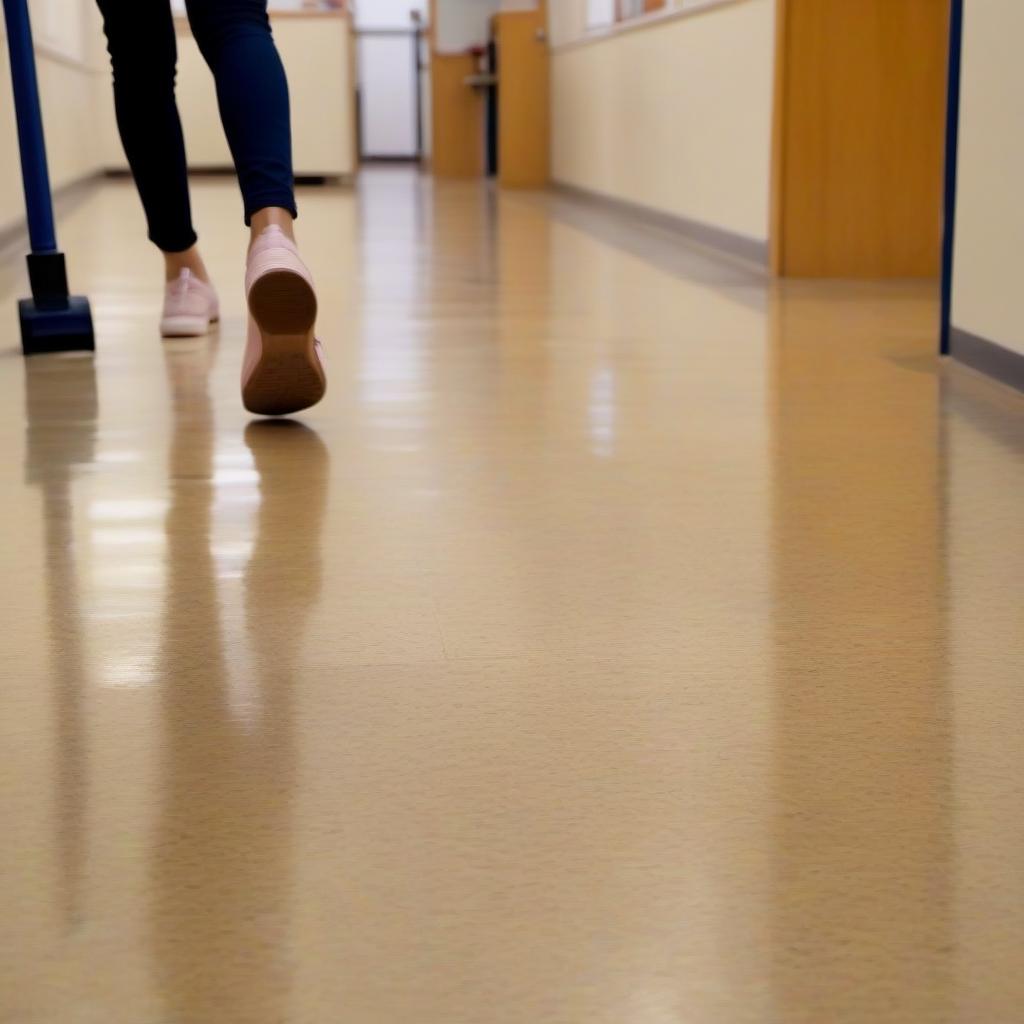  English teacher runs away from an evil cleaning lady on slippery floor with dirty shoes