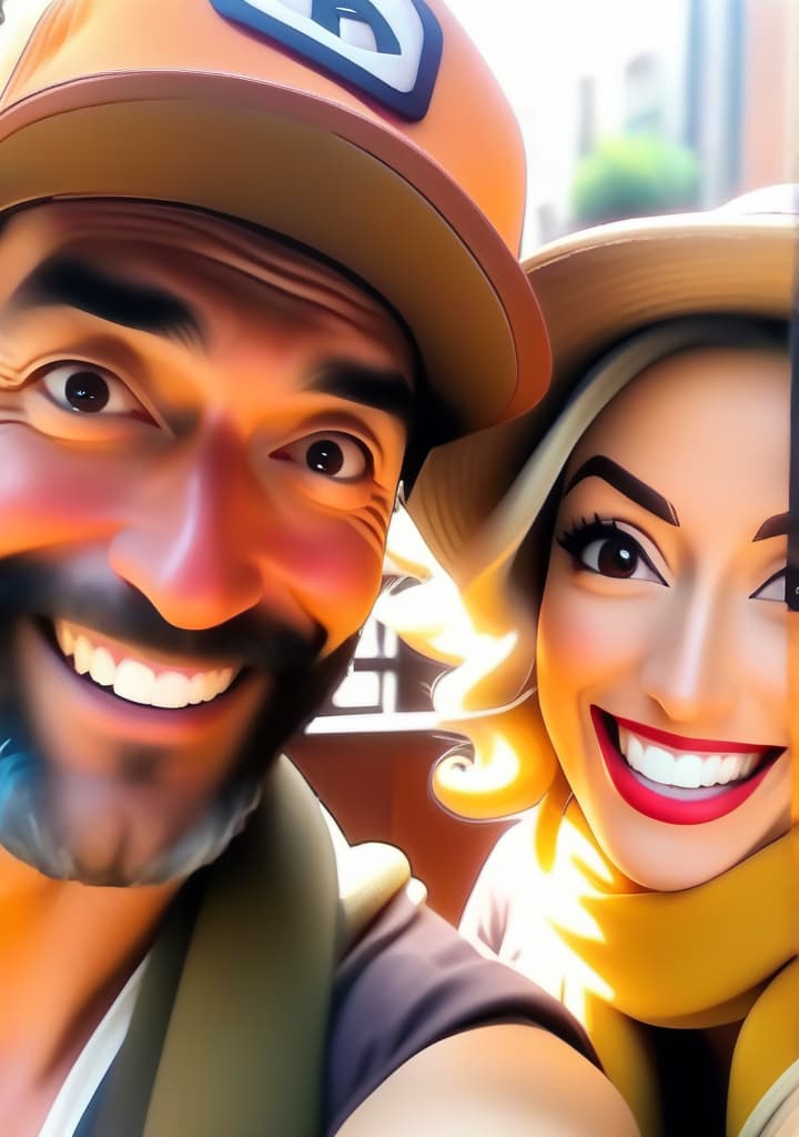  An anime charcter. A man and a woman are standing outdoors, smiling and posing as they take a selfie. The man, who appears to be in his early thirties, has a beard and is wearing a sun hat. The woman, also in her early thirties, is wearing a scarf on her head. They both have a happy expression on their faces. The image background is grey, with the dominant colors being shades of grey. The man is positioned on the left side of the image, while the woman is on the right. Both individuals are nicely dressed, with the woman wearing a fashion accessory. The image conveys a sense of friendship and joy between the two people. hyperrealistic, full body, detailed clothing, highly detailed, cinematic lighting, stunningly beautiful, intricate, sharp focus, f/1. 8, 85mm, (centered image composition), (professionally color graded), ((bright soft diffused light)), volumetric fog, trending on instagram, trending on tumblr, HDR 4K, 8K