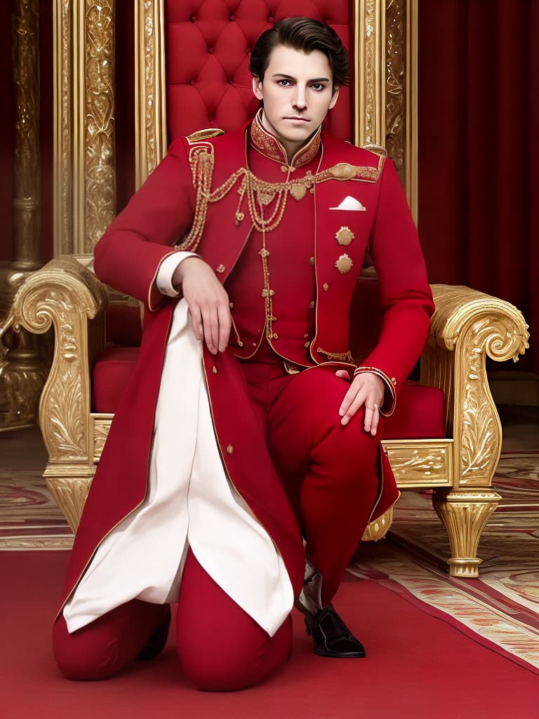  a gentleman wearing red luxurious royal dress, kneel downly like knight sitting on the ground of a luxurious royal red courtroom. human like american white face required