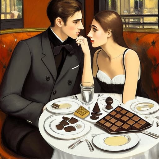  Attractive Beautiful young modern Parisian couple dressed in modern designer attire looking at each other. Foreground is plates of fine dark chocolates. Background is an exclusive Parisian restaurant . Painting style of Edgar Degas