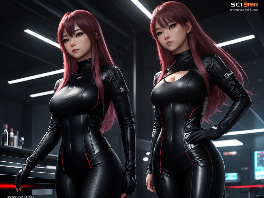  image: masterpiece, high quality, (ity), ((())), realistic anime (professionally color graded), detailed clothing, highly detailed, cinematic lighting, stunningly beautiful, 8k, 4k, HD, ((1: beautiful asian)), slim waist, slim build, 2 huge fake s, normal hips, medium sized round , fit, tanned, long dark neon hair, view: dynanic view, , location: sci fi dark lounge at night, clothing: sci fi mostly , tight clothes, pose: Hey ;)