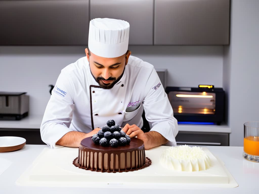  A highly detailed image of a professional chef in a modern kitchen, using a cuttingedge 3D printer to create intricate edible designs using materials like chocolate, sugar, and other edible ingredients. The chef is focused, with a look of determination and expertise as the printer delicately constructs a gourmet edible masterpiece. The kitchen is sleek and welllit, showcasing the cuttingedge technology merging with culinary artistry in a visually captivating way. hyperrealistic, full body, detailed clothing, highly detailed, cinematic lighting, stunningly beautiful, intricate, sharp focus, f/1. 8, 85mm, (centered image composition), (professionally color graded), ((bright soft diffused light)), volumetric fog, trending on instagram, trending on tumblr, HDR 4K, 8K