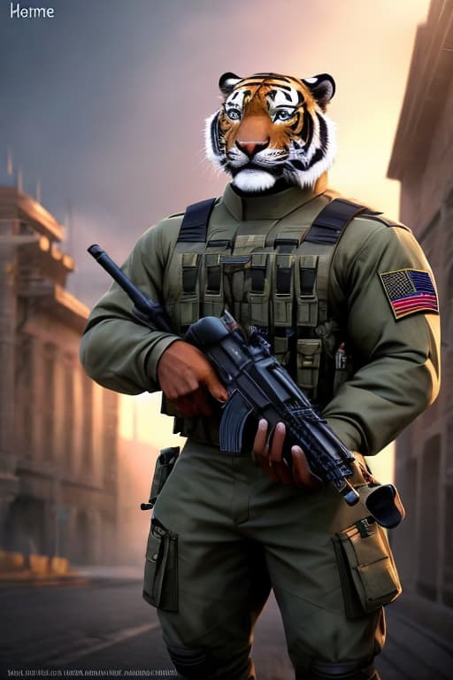  A black tiger with lots of muscles in the military hyperrealistic, full body, detailed clothing, highly detailed, cinematic lighting, stunningly beautiful, intricate, sharp focus, f/1. 8, 85mm, (centered image composition), (professionally color graded), ((bright soft diffused light)), volumetric fog, trending on instagram, trending on tumblr, HDR 4K, 8K