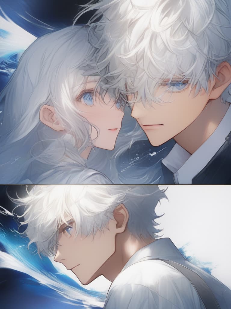  White hair,handsome,cool,boy,wavy hair,wave mash hair,long bangs,blue eyes,ephrile,beautiful,beautiful boy,handsome,white shirt,White hair,handsome,cool,boy,wavy hair,wave mash hair,long bangs,blue eyes,ephrile,beautiful,beautiful boy,handsome,white shirt,(absurd detailed:1.4、best quality:1.4、masterpiece:1.4)、, masterpiece, best quality,8k,ultra detailed,high resolution,an extremely delicate and beautiful,hyper detail