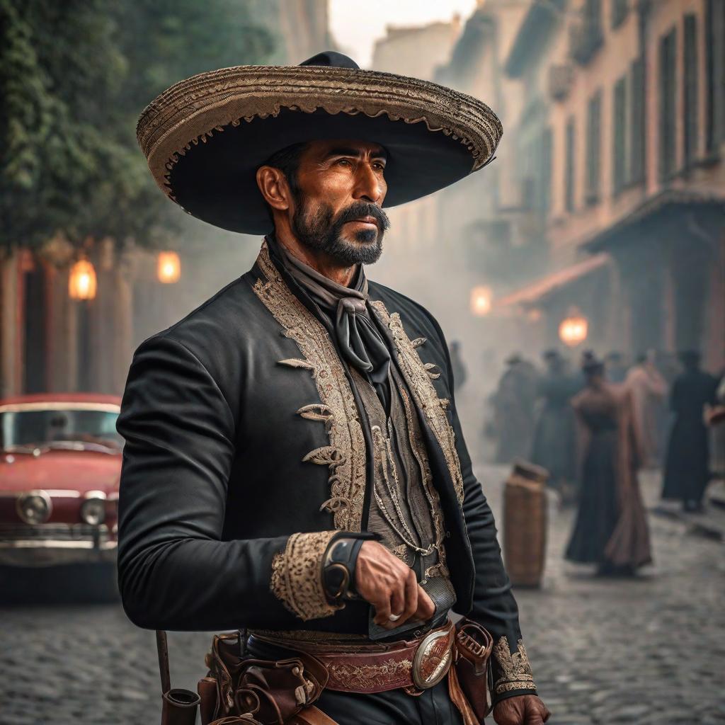  Como se ve el charro negro hyperrealistic, full body, detailed clothing, highly detailed, cinematic lighting, stunningly beautiful, intricate, sharp focus, f/1. 8, 85mm, (centered image composition), (professionally color graded), ((bright soft diffused light)), volumetric fog, trending on instagram, trending on tumblr, HDR 4K, 8K