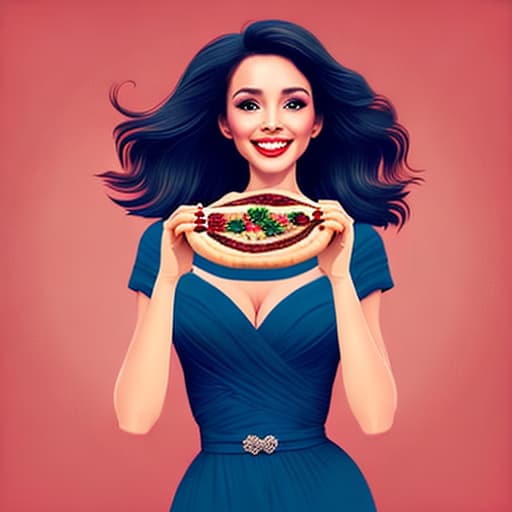  Woman long, elegant, very beautiful hair on highly realistic Christmas background, rough, beautiful skin, full lips, smiling, feeling of lightness and joy, hyperrealism, very elaborate skin, direct look, holding a pizza hexagonal cardboard box in PrintDesign style