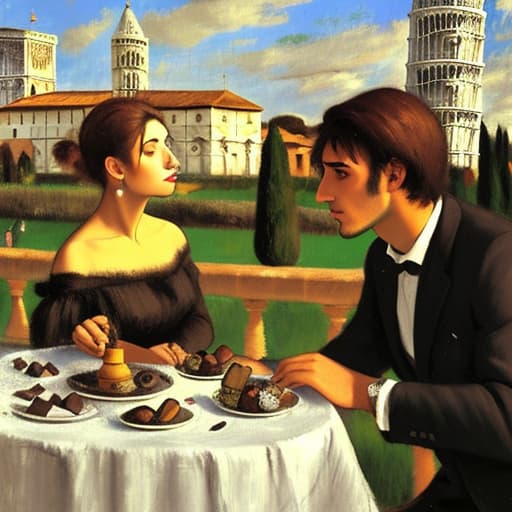  Attractive Beautiful young modern Italian couple dressed in modern designer attire looking. Foreground plates of fine dark chocolates on a table. Background leaning tower of Pisa. Painting style of Edgar Degas