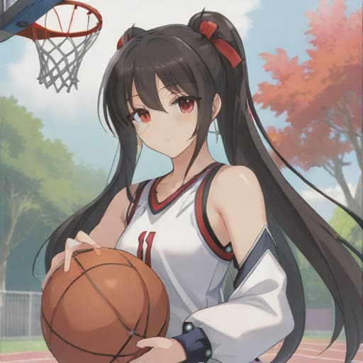  anime girl black hair bright dark brown eyes red and white basketball uniform with the number 18 and the name Nicky white and black shoes Have your hair in a medium high ponytail with two strands on the sides of your ears, have a basketball and look full body Pastel Palette, Da Vinci's Dreams, Picasso's , Sunrise Splendors, Floral Fantasy, Mystical Moonscapes, Urban Nature, Crystal Clear, Cinematic hyperrealistic, full body, detailed clothing, highly detailed, cinematic lighting, stunningly beautiful, intricate, sharp focus, f/1. 8, 85mm, (centered image composition), (professionally color graded), ((bright soft diffused light)), volumetric fog, trending on instagram, trending on tumblr, HDR 4K, 8K