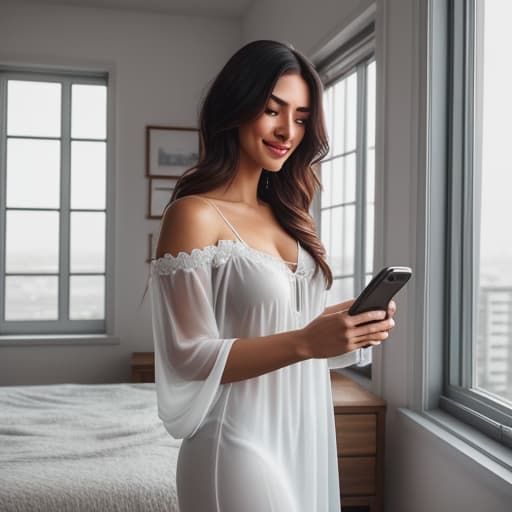  perfeito , agora mande uma imagem da mesma mulher pobre porém agora ela está de camisola transparente em seu quarto tirando uma selfie manda imagem In this image, the Brazilian woman dons a translucent white nightgown that clings to her slender frame, accentuating the curves of her body. Her hair is loosely gathered atop her head, with wispy strands framing her face. She's standing beside a bare window, allowing sunlight to partially illuminate her form through the fabric. The faint shadows dance along her skin as she leans closer toward the mirror, holding a smartphone up high with one hand while gently cupping herself with the other. Her eyes gleam confidently as she gives a slight smile for the camera - it's an alluring pose born out  hyperrealistic, full body, detailed clothing, highly detailed, cinematic lighting, stunningly beautiful, intricate, sharp focus, f/1. 8, 85mm, (centered image composition), (professionally color graded), ((bright soft diffused light)), volumetric fog, trending on instagram, trending on tumblr, HDR 4K, 8K