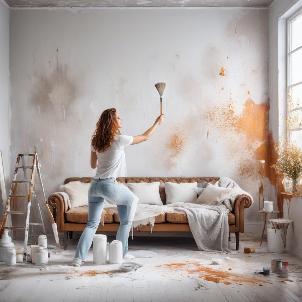  One girl paints the walls in her flat with a brush. Her hands up to the elbows in white paint, splatters of paint on the furniture, disorder, humor hyperrealistic, full body, detailed clothing, highly detailed, cinematic lighting, stunningly beautiful, intricate, sharp focus, f/1. 8, 85mm, (centered image composition), (professionally color graded), ((bright soft diffused light)), volumetric fog, trending on instagram, trending on tumblr, HDR 4K, 8K