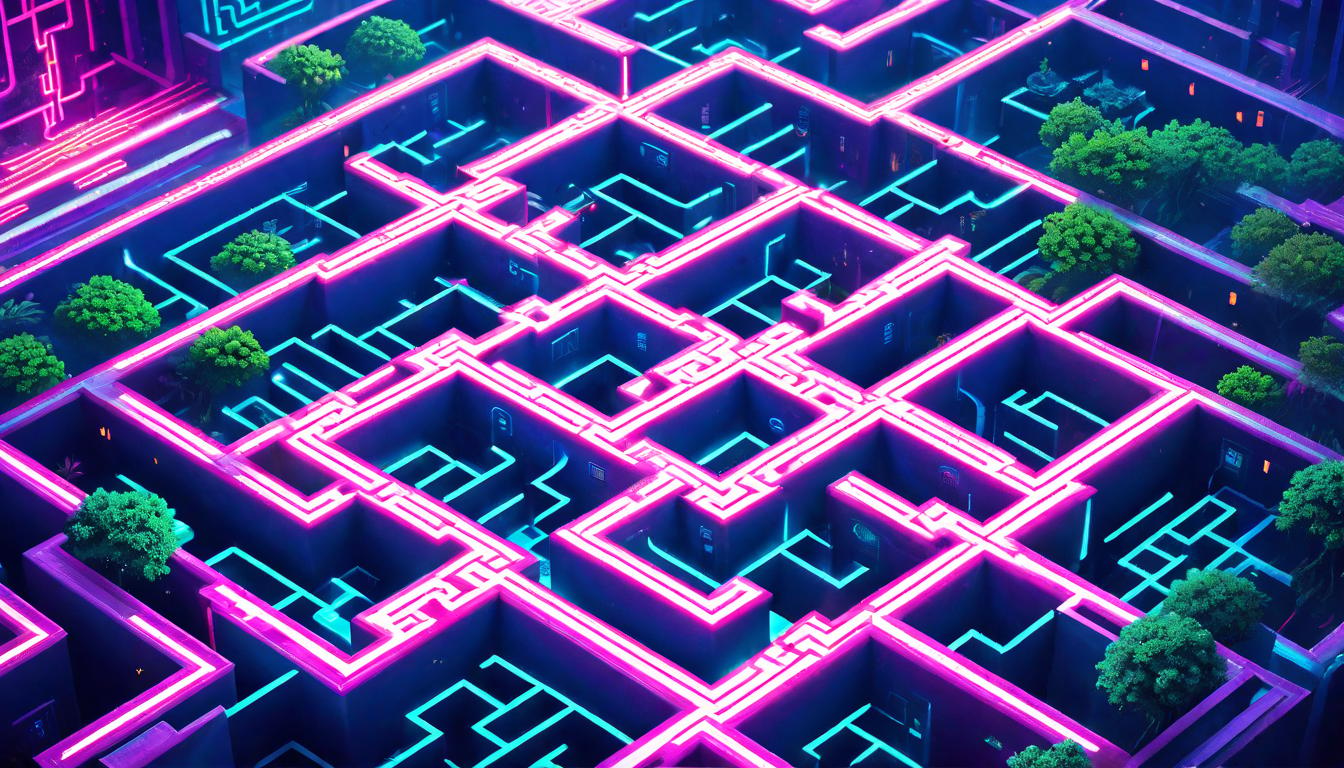  vaporwave,cyberpunk game style Intricate maze seen from above, each path bordered by flourishing hedges, representing the personal sacred lines of boundaries.eon, dystopian, futuristic, digital, vibrant, detailed, high contrast, reminiscent of cyberpunk genre video games,retro aesthetic, cyberpunk, vibrant, neon colors, vintage 80s and 90s style, highly detailed