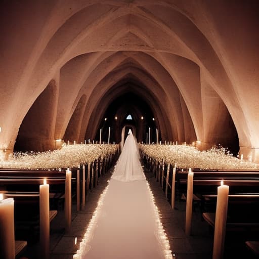  Back view Princess bride with long train and veil walking down a long aisle in an underground beautiful salt crystal church. Candles lit everywhere