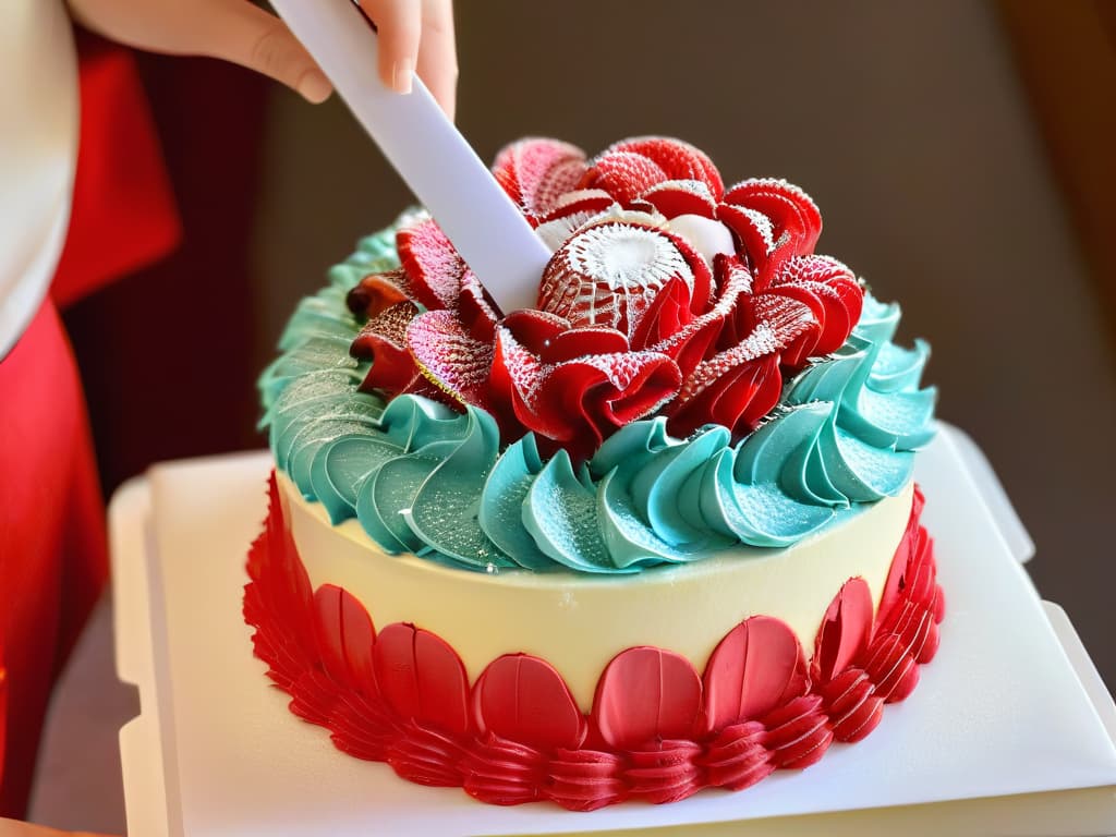  A closeup, highresolution image of a pair of hands elegantly decorating a cake with intricate designs using piping bags filled with vibrant frosting. The hands belong to a diverse group of individuals, symbolizing empowerment through the art of pastry decoration. The background is blurred, focusing solely on the skilled hands and the beautifully decorated cake, showcasing the detail and precision involved in the craft of baking as a vehicle for empowerment and change. hyperrealistic, full body, detailed clothing, highly detailed, cinematic lighting, stunningly beautiful, intricate, sharp focus, f/1. 8, 85mm, (centered image composition), (professionally color graded), ((bright soft diffused light)), volumetric fog, trending on instagram, trending on tumblr, HDR 4K, 8K